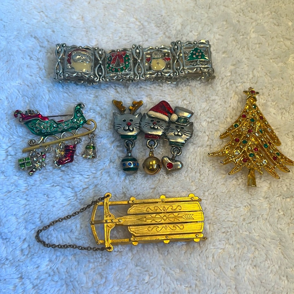 Festive Gold and Silver Holiday Pin and Bracelet Set